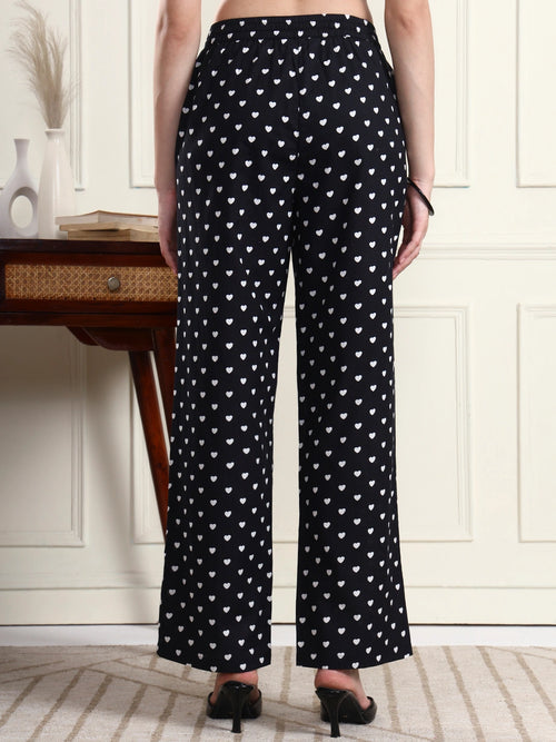 Black Heart Print Wide-Leg Trousers