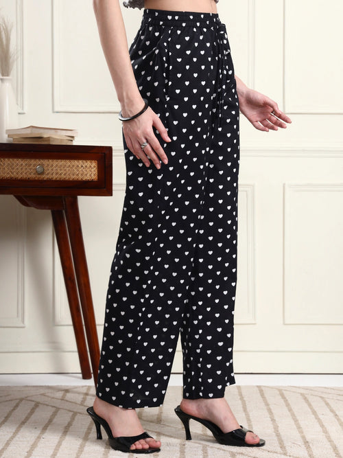 Black Heart Print Wide-Leg Trousers