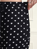 Black Heart Print Wide-Leg Trousers