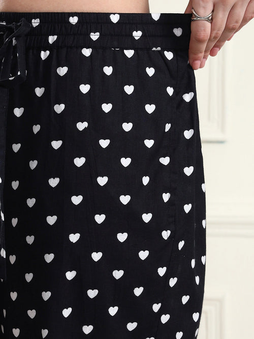 Black Heart Print Wide-Leg Trousers