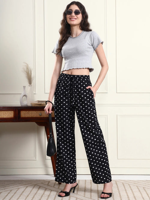 Black Heart Print Wide-Leg Trousers