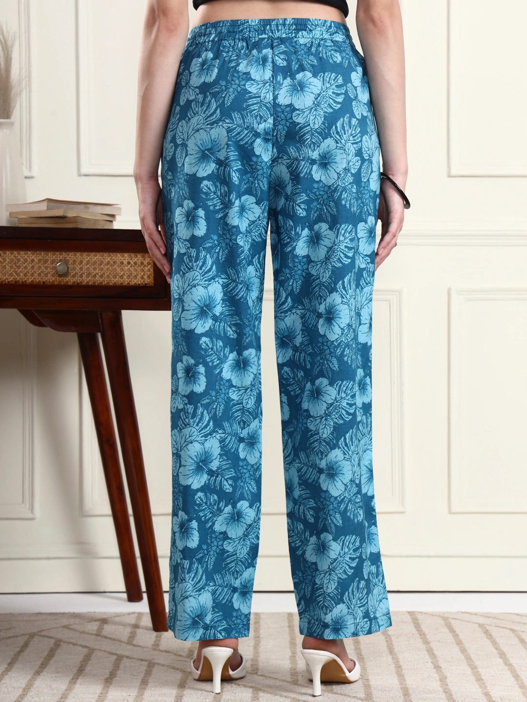Blue Tropical Floral Print Wide-Leg Trousers
