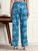 Blue Tropical Floral Print Wide-Leg Trousers
