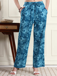 Blue Tropical Floral Print Wide-Leg Trousers