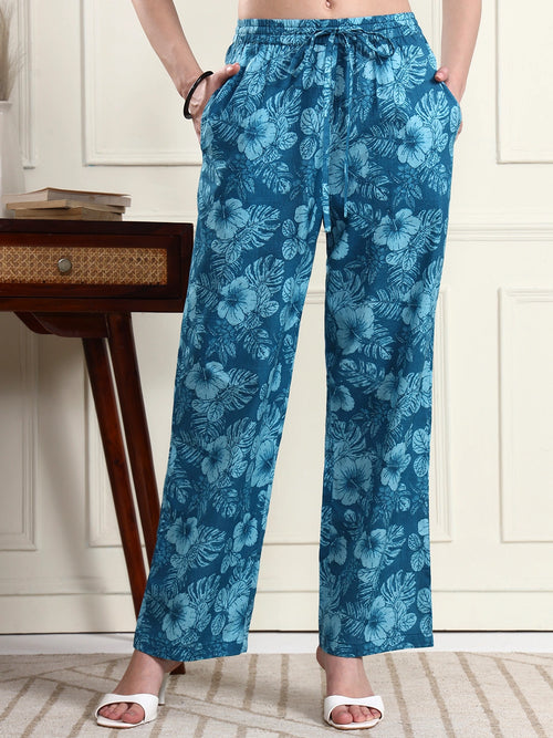 Blue Tropical Floral Print Wide-Leg Trousers