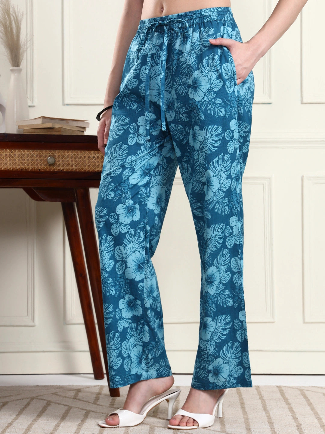 Blue Tropical Floral Print Wide-Leg Trousers