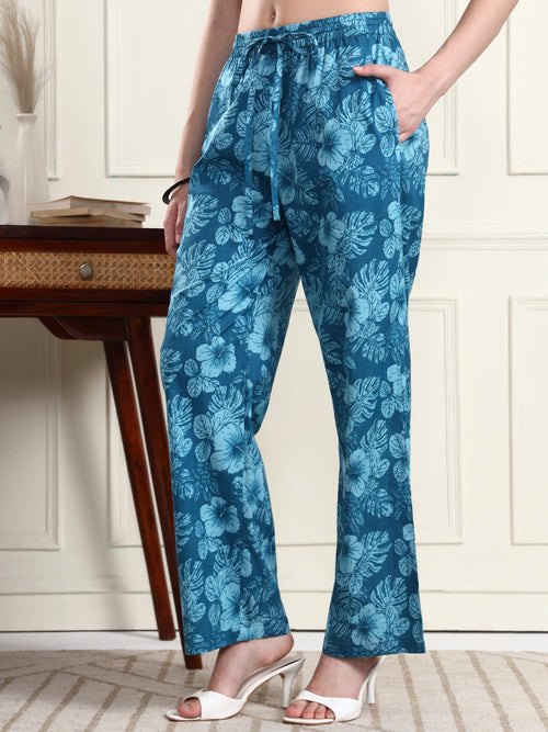 Blue Tropical Floral Print Wide-Leg Trousers