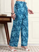 Blue Tropical Floral Print Wide-Leg Trousers