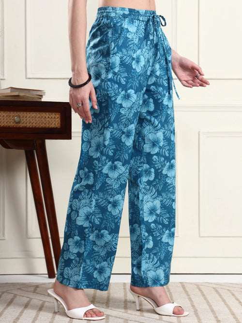 Blue Tropical Floral Print Wide-Leg Trousers