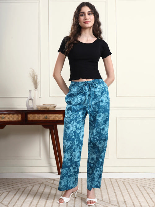 Blue Tropical Floral Print Wide-Leg Trousers
