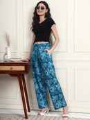 Blue Tropical Floral Print Wide-Leg Trousers