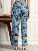 Women Blue Tropical Leaf Print Straight Trousers