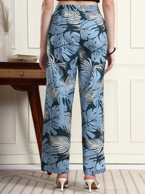 Women Blue Tropical Leaf Print Straight Trousers