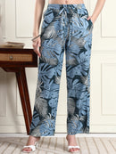 Women Blue Tropical Leaf Print Straight Trousers