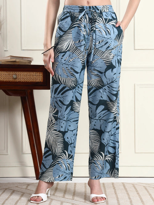 Women Blue Tropical Leaf Print Straight Trousers