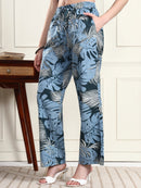 Women Blue Tropical Leaf Print Straight Trousers