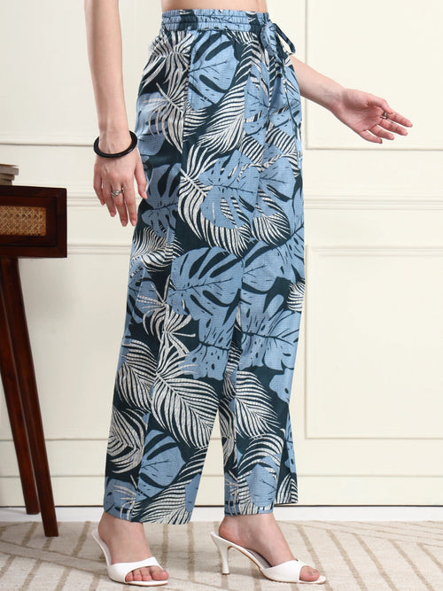 Women Blue Tropical Leaf Print Straight Trousers