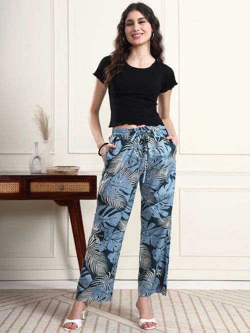 Women Blue Tropical Leaf Print Straight Trousers