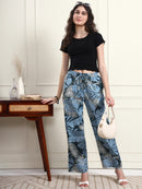 Women Blue Tropical Leaf Print Straight Trousers