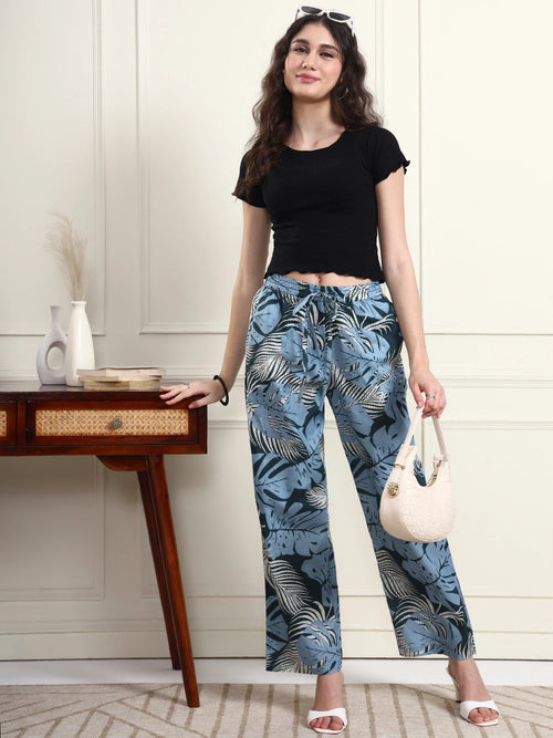 Women Blue Tropical Leaf Print Straight Trousers