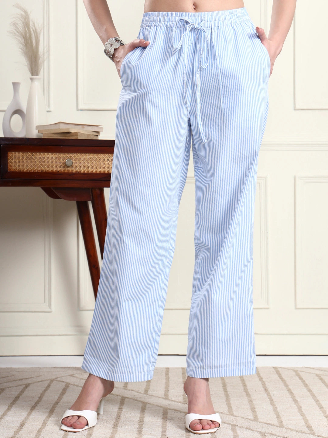 Sky Blue Pinstripe Wide-Leg Pants with Drawstring
