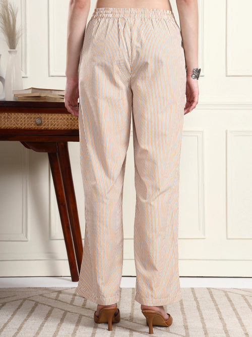 Women Beige Pin-Striped Elasticated Trousers with Drawstring