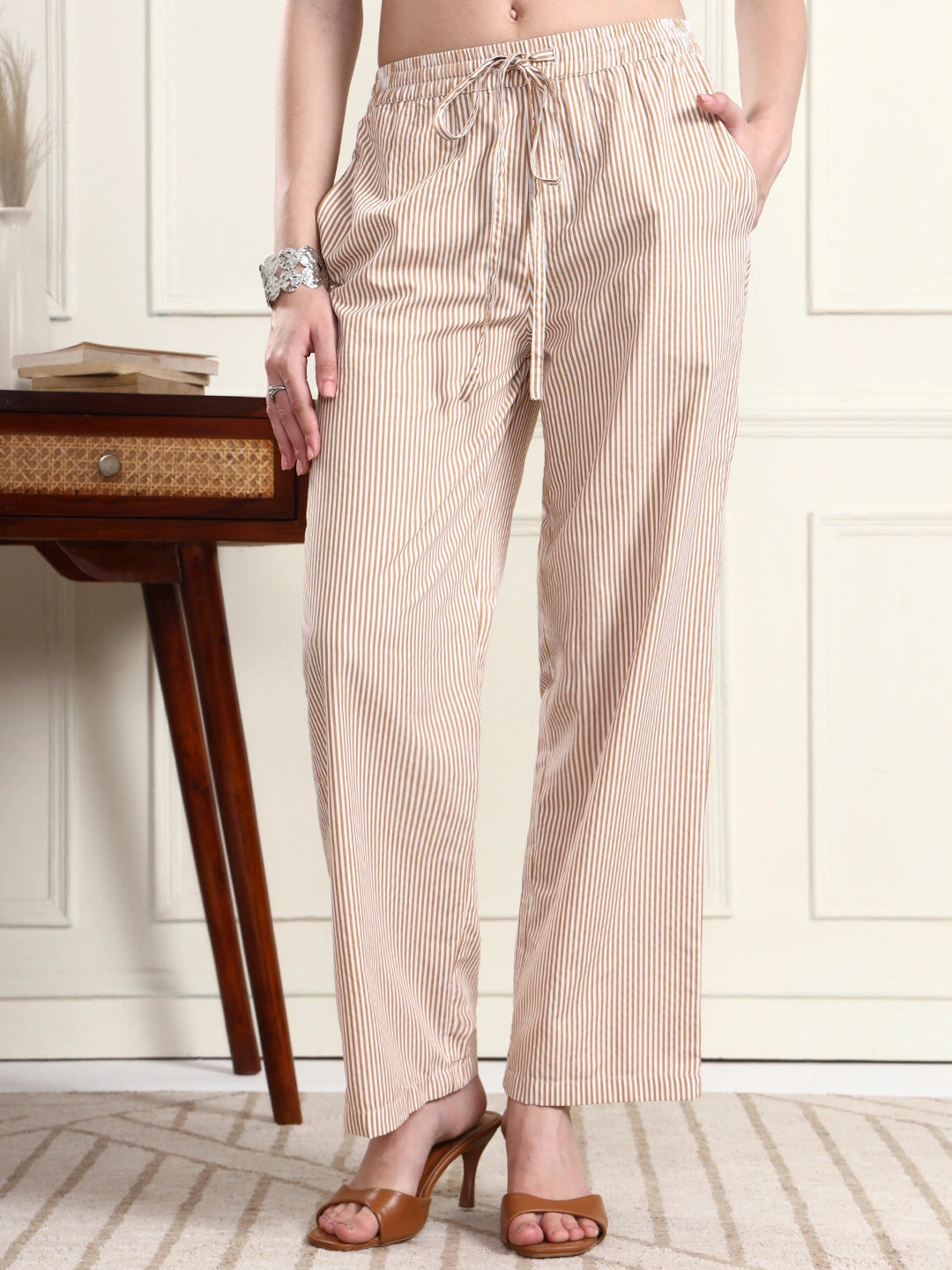 Women Beige Pin-Striped Elasticated Trousers with Drawstring
