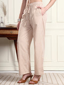 Women Beige Pin-Striped Elasticated Trousers with Drawstring