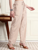 Women Beige Pin-Striped Elasticated Trousers with Drawstring
