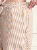 Women Beige Pin-Striped Elasticated Trousers with Drawstring