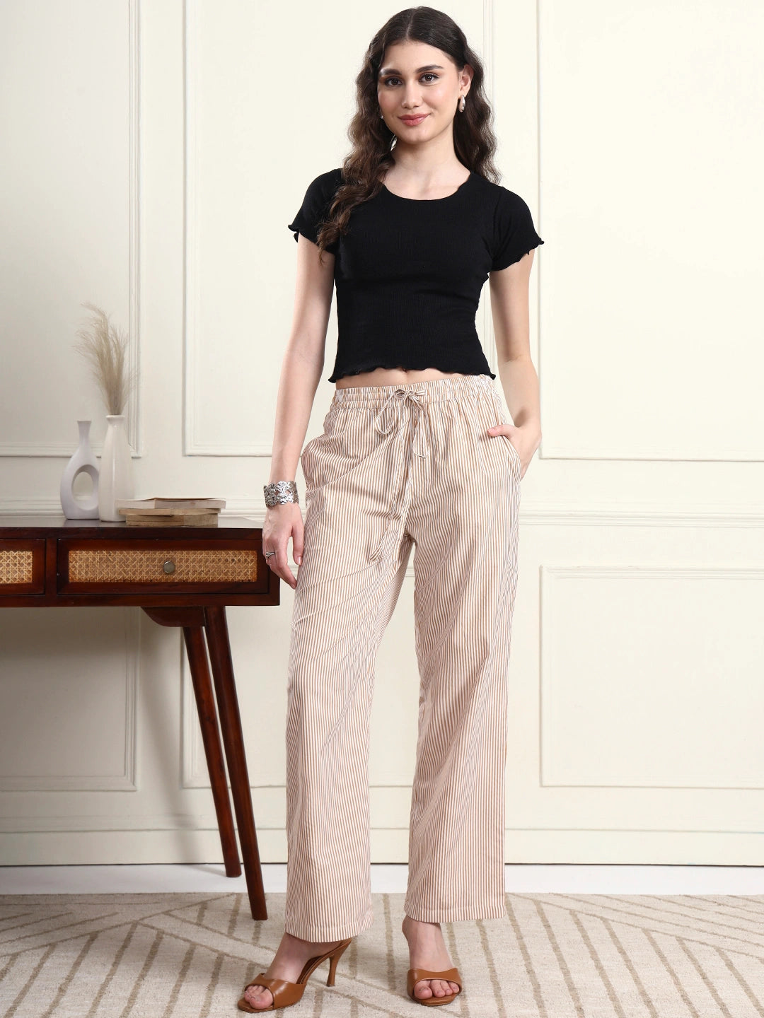 Women Beige Pin-Striped Elasticated Trousers with Drawstring