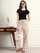 Women Beige Pin-Striped Elasticated Trousers with Drawstring