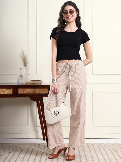 Women Beige Pin-Striped Elasticated Trousers with Drawstring