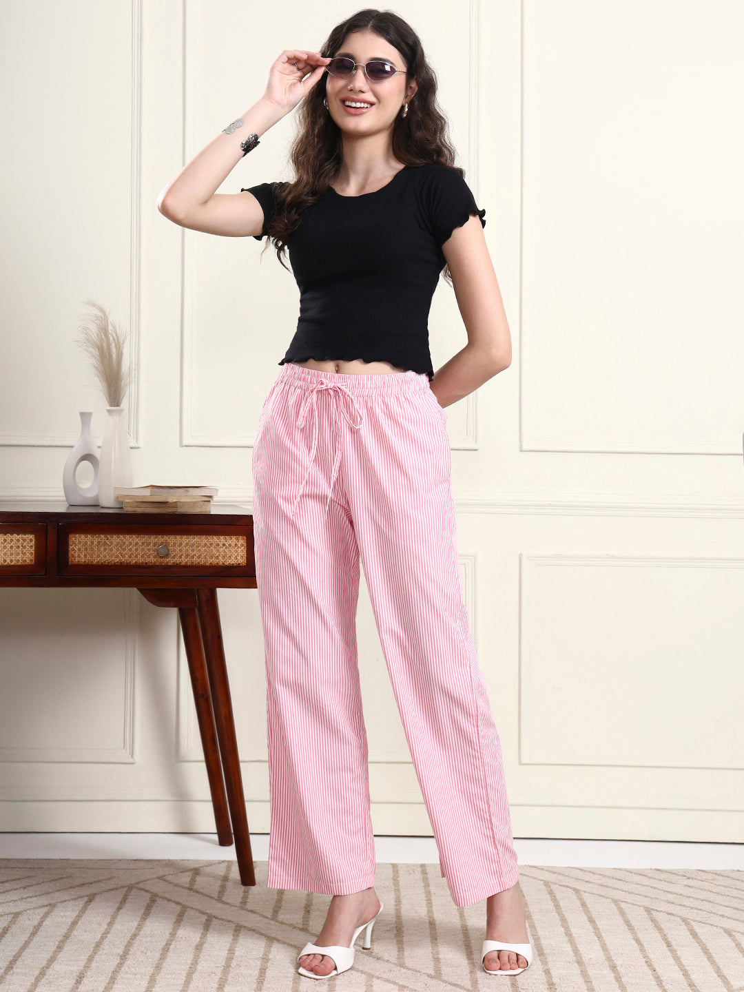 Pink Striped Wide-Leg Pants for Women