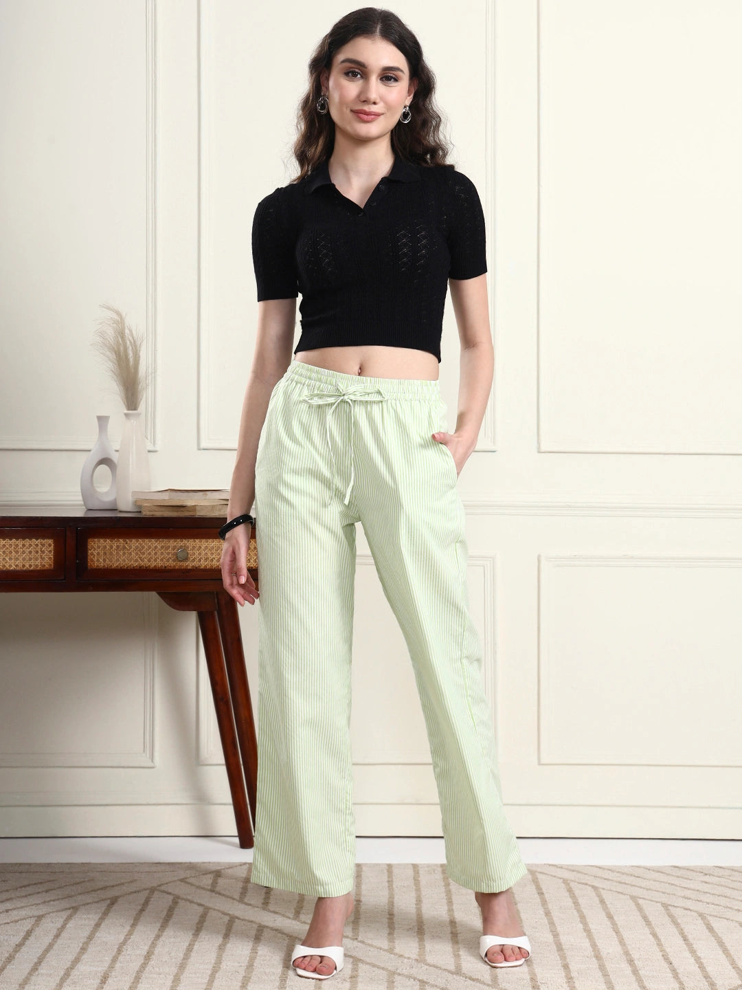 Women's Lime Green Striped Straight-Fit Trousers