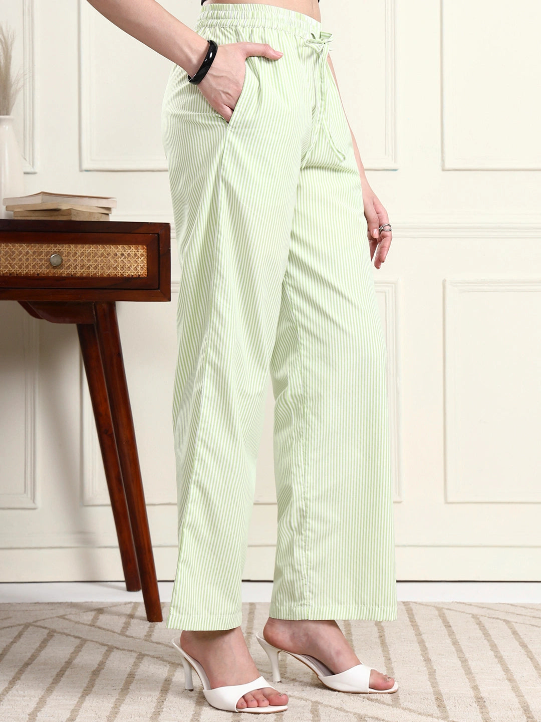 Women's Lime Green Striped Straight-Fit Trousers