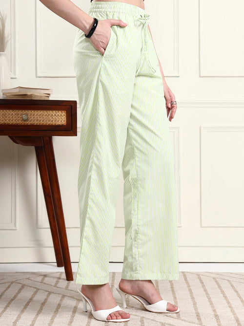 Women's Lime Green Striped Straight-Fit Trousers