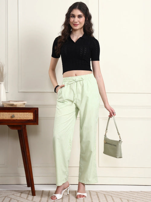 Women's Lime Green Striped Straight-Fit Trousers