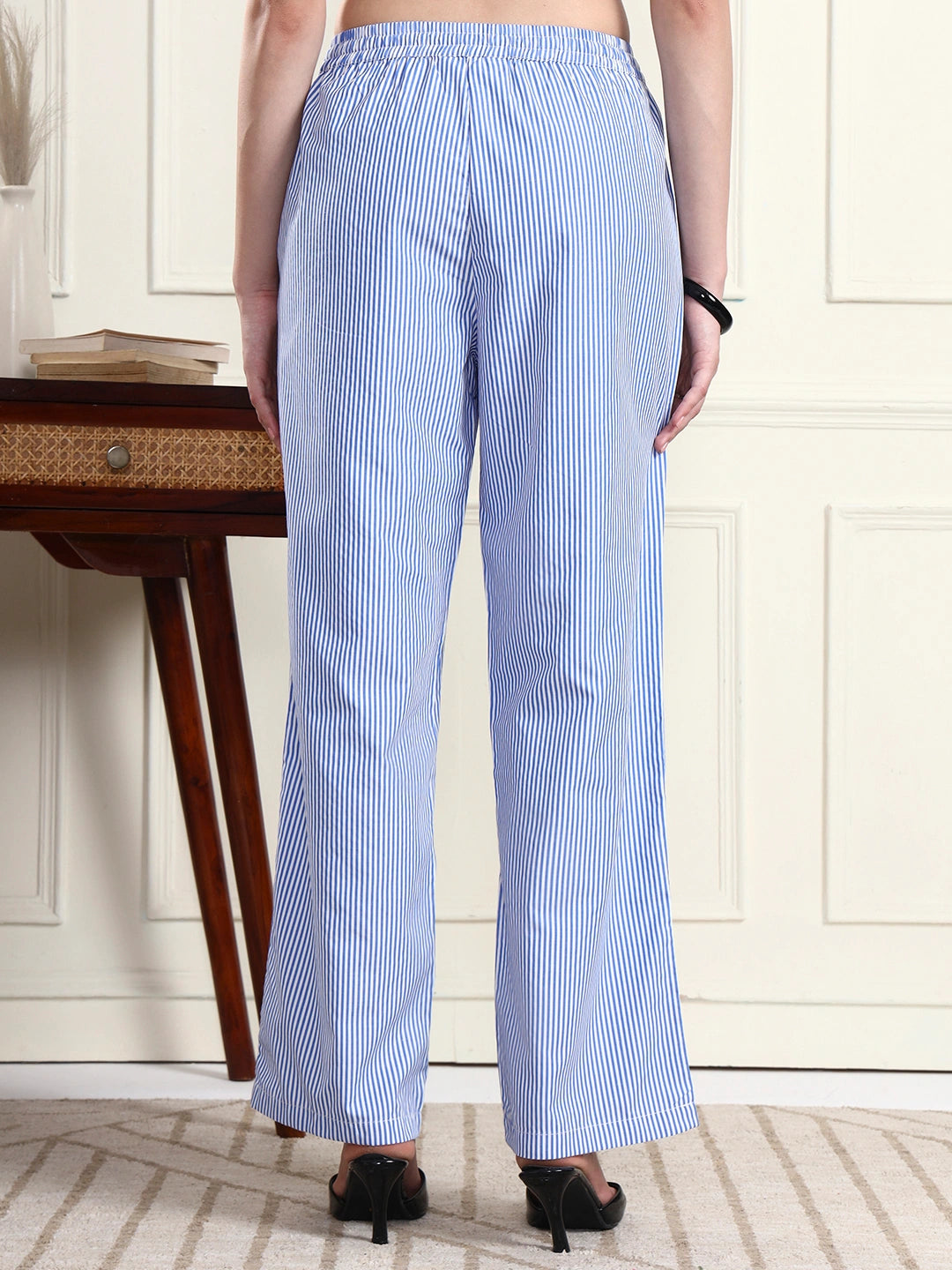 Women’s Blue & White Vertical Striped Comfort Fit Trousers