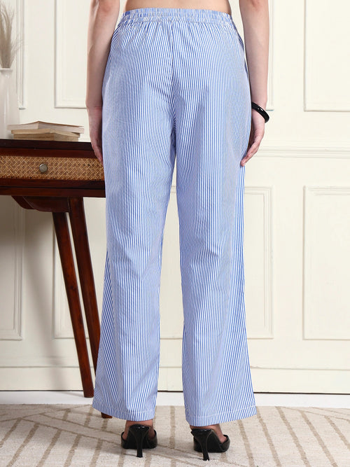 Women’s Blue & White Vertical Striped Comfort Fit Trousers