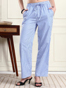 Women’s Blue & White Vertical Striped Comfort Fit Trousers