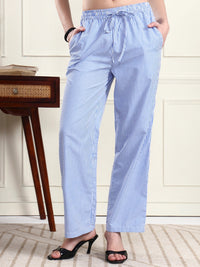 Women’s Blue & White Vertical Striped Comfort Fit Trousers