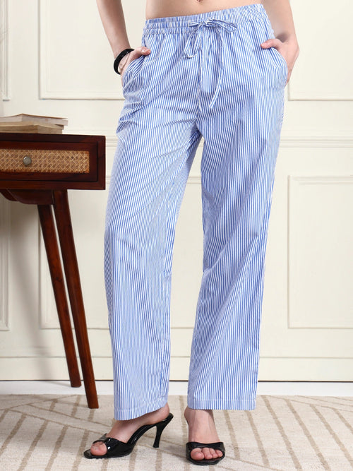 Women’s Blue & White Vertical Striped Comfort Fit Trousers