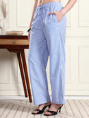 Women’s Blue & White Vertical Striped Comfort Fit Trousers