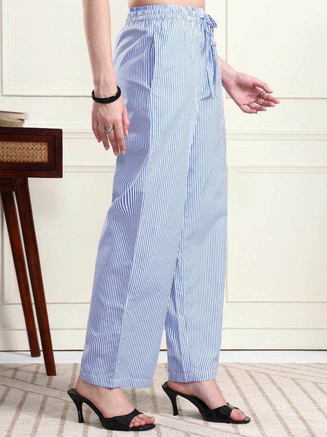 Women’s Blue & White Vertical Striped Comfort Fit Trousers