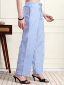 Women’s Blue & White Vertical Striped Comfort Fit Trousers