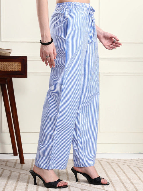 Women’s Blue & White Vertical Striped Comfort Fit Trousers