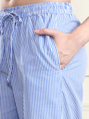 Women’s Blue & White Vertical Striped Comfort Fit Trousers