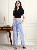 Women’s Blue & White Vertical Striped Comfort Fit Trousers