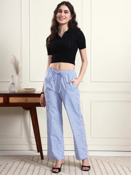 Women’s Blue & White Vertical Striped Comfort Fit Trousers